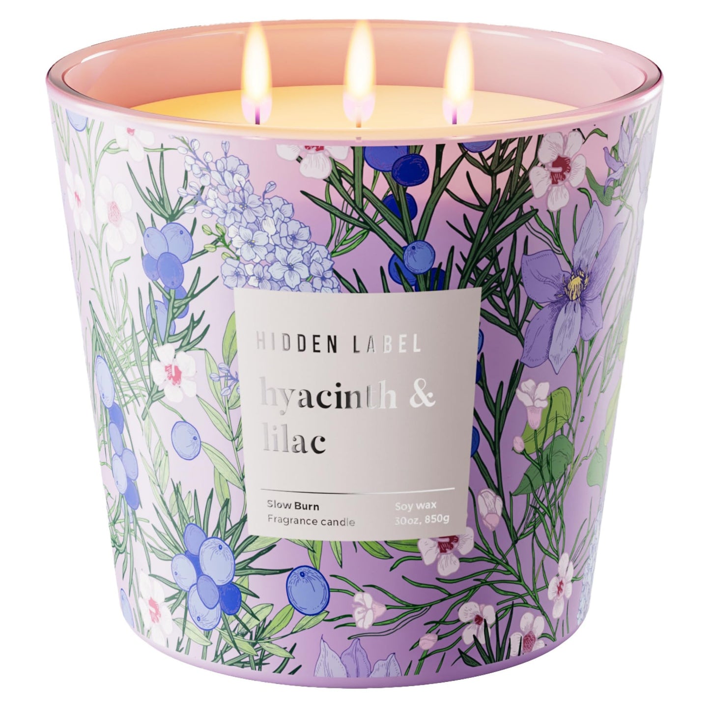 Hidden Label Large Soy Candle, Hyacinth Lilac Scented, 3 Wick 30oz, 100Hr Burn, Natural Non-Toxic Aromatherapy Stress Relief, Home Scent, Spa