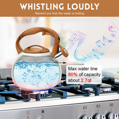 GGC Tea Kettle for Stove Top, Loud Whistling Kettle for Boiling Water Coffee or Milk, 3.1 Quart 3L Heavy Stainless Steel White Kettles with Wood Pattern Handle, Unique Button Control Kettle Outle
