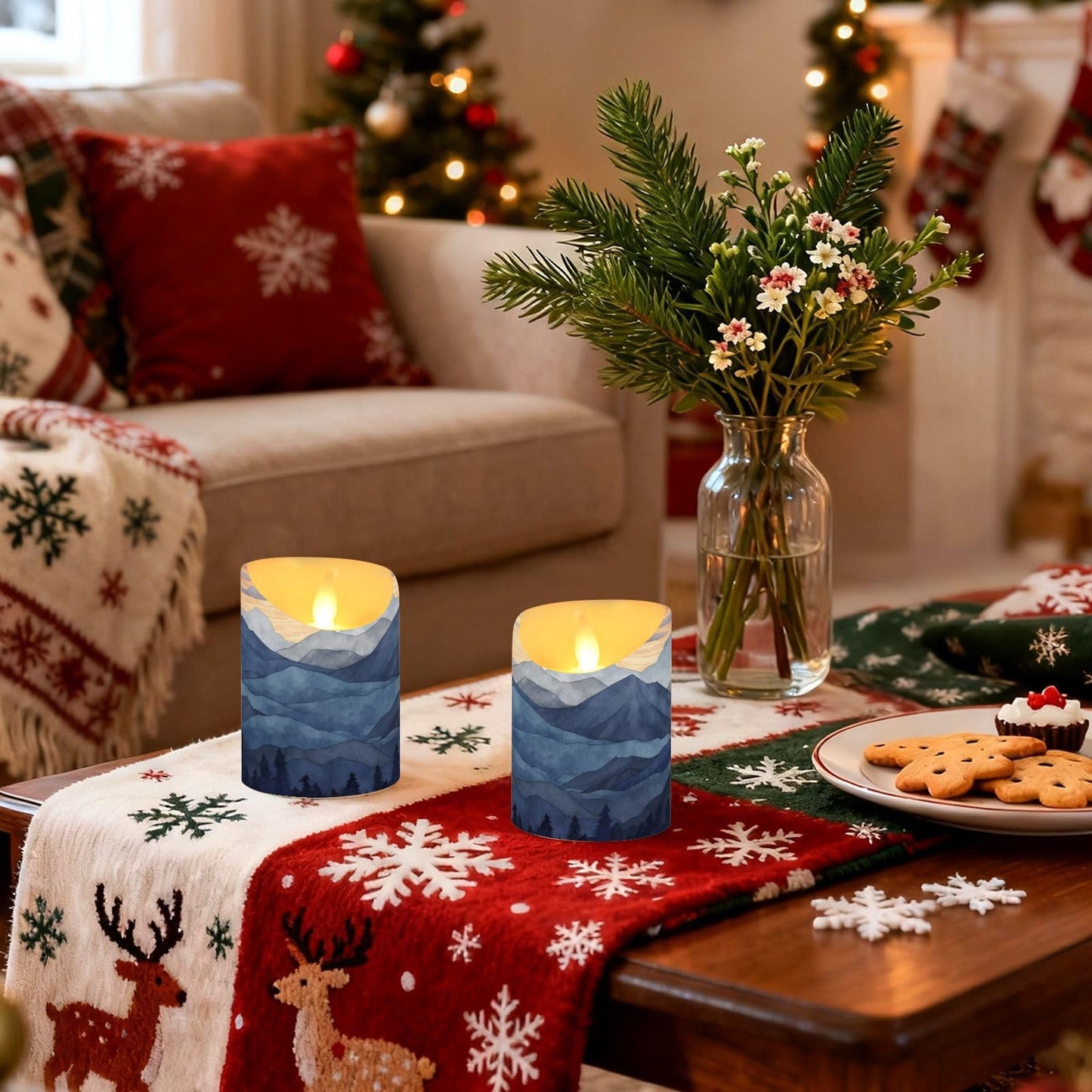 Nesatuwa Blue Marble Flameless Candles with Remote, Set of 2 LED Battery Operated with Timer Fake Plastic Pillar Candles for Wedding Table Party Decor