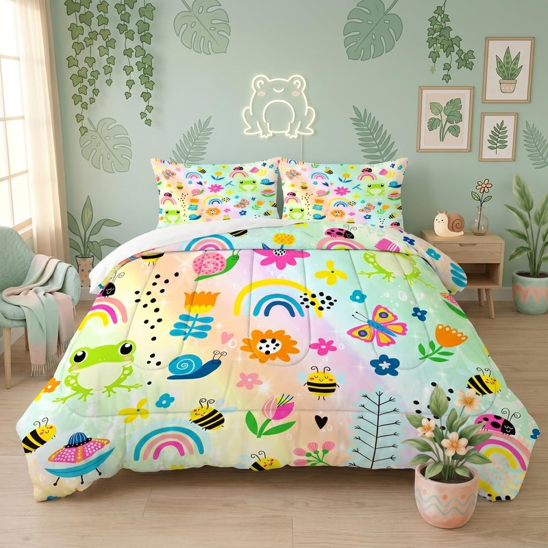 FUYEUN Rainbow Comforter Set Queen Size Cartoon Frogs Bedding Sets for Girls Kids Women Boys Flowers Butterfly Bees Snails Insects Cute Kawaii Quilt 1 Comforter + 2 Pillow Cases