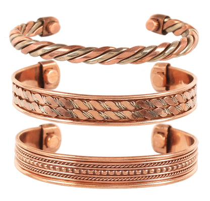 Touchstone Copper Bracelets | Gift for Men Women |Adjustable 100% Pure Solid Real Magnetic Jewelry | Handmade Bracelet Set Combo | Rope Braided Tibetan Bangles. Set of 3 Different Designs