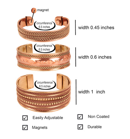 Touchstone copper bracelets | gift for men women |adjustable 100% pure solid real magnetic jewelry | handmade bracelet set combo | rope braided tibetan bangles. Set of 3 different designs