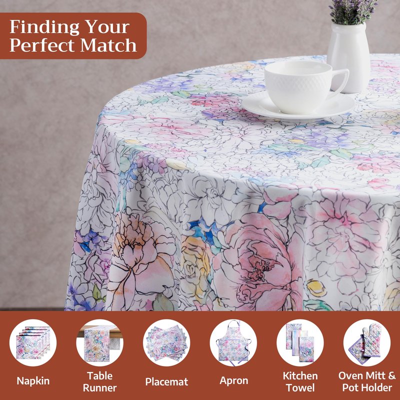 Maison d' Hermine Table Cloth Round Table 100% Cotton 63 Round Inches Tablecloth Reusable Decorative for Dining Kitchen Room Farmhouse Home Gifts for Mothers Day Spring Summer - Floral Love