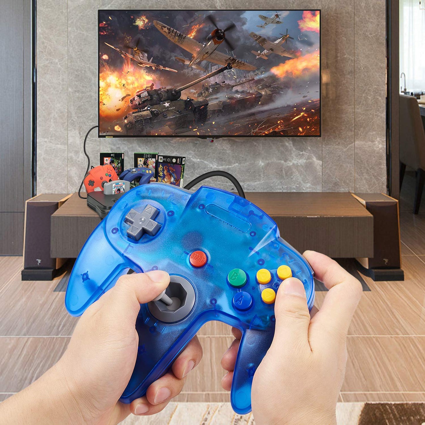 KIWITATA 2 Pack Classic N64 Controller, Retro N64 Remote Wired Game Pad Joystick Controller for N64 System Console Clear Blue