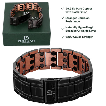 POLLDAN Copper Bracelet 6200 Gauss Power | Mens Bracelet 99.99% Pure Copper | Magnetic Bracelets for Men with Adjustable Fit & Sizing Tool | Stylish Men's Jewelry | Magnet Gifts for Him (3X Power Black Copper)