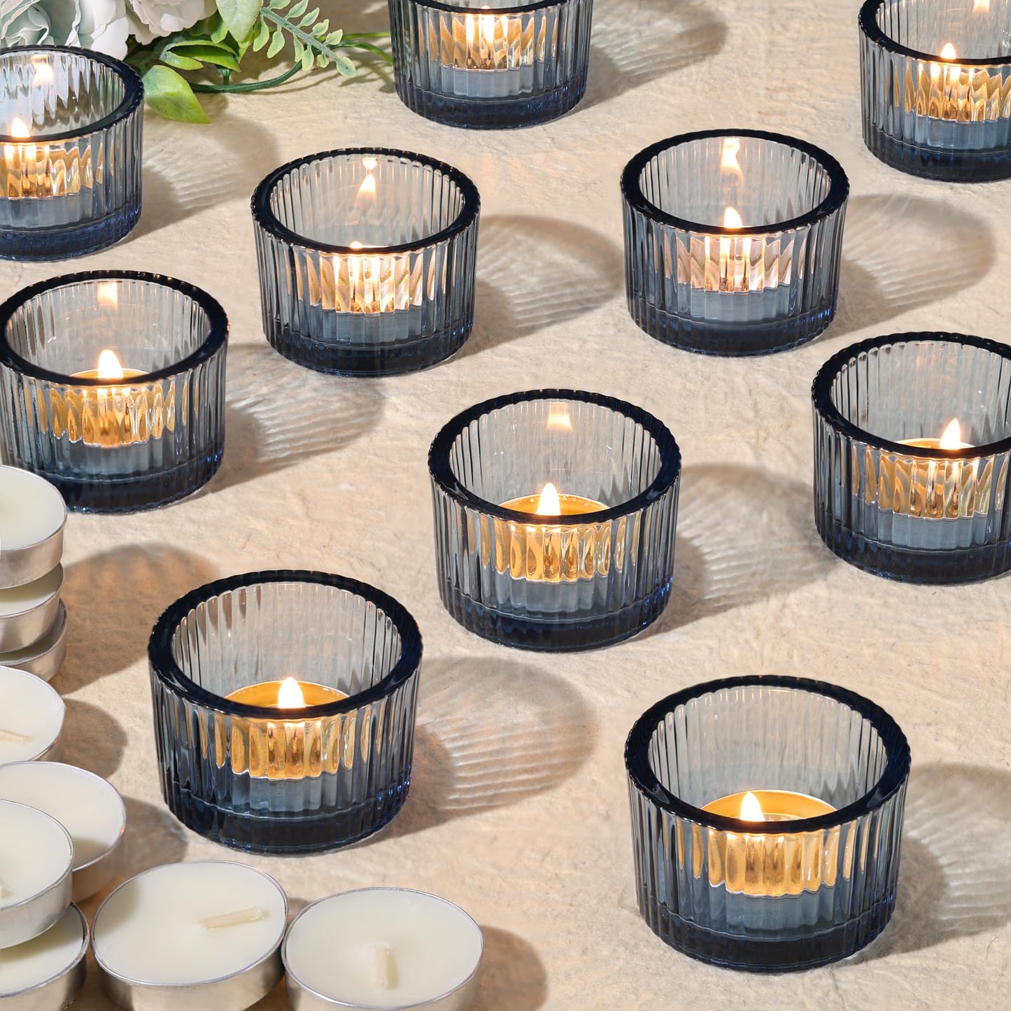 NITIME 30Pcs Blue Tealight Candle Holder, Ribbed Votive Candle Holders Glass with 32pcs Tea Light Candles for Wedding Decor, Home Decor and Party Decor
