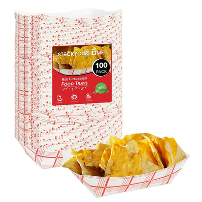 Stock Your Home Extra Small Paper Food Boats (100 Pack) – 0.5 lb Disposable Red & White Checkered Paper Trays, Eco-Friendly Serving Boats for Concession Food & Condiments, 3.75" x 2"