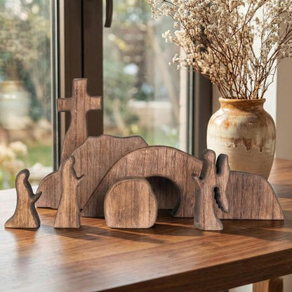 IoF Easter Decorations - Wooden Easter Decoration, He Risen Resurrection Scene Empty Tomb Chirstian Easter Decor for Home Office (Dark Wood Brown)