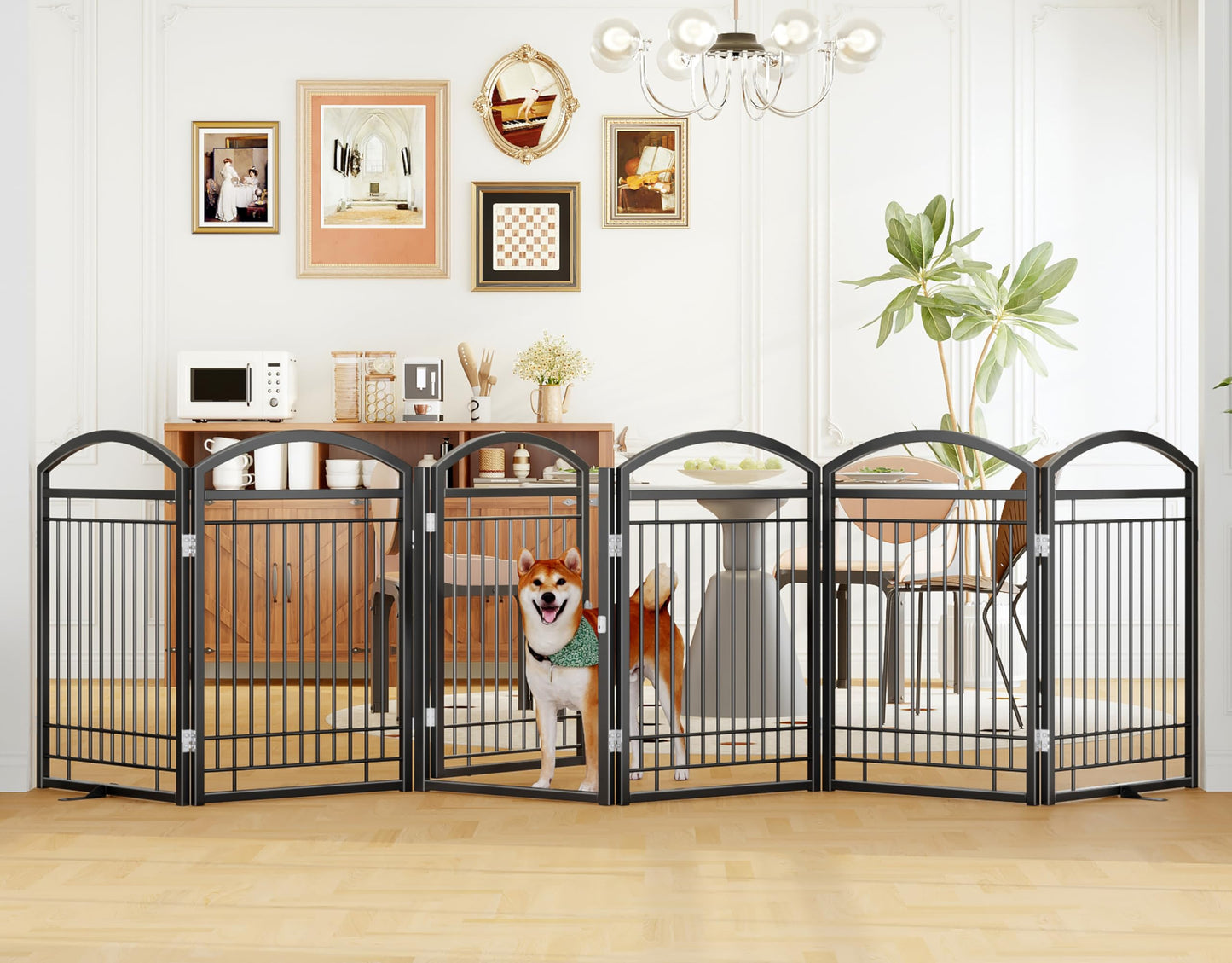 THKKY Folding No-Assembly Metal Freestanding Dog Gate with Door Walk Through,32" Height Pet Fence,144" Extra Wide Accordion Puppy Folding Playpen for Doorways,House,Stairs (6 Panels,Black)