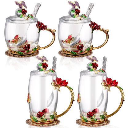 Nuanchu 4 Sets Flower Glass Tea Cups with Lids and Spoon Butterfly Vintage Glass Coffee Mugs Floral Fancy Clear Teacup for Mother Day Women Mom Wife Girlfriend(Red,11 Oz,12 oz)