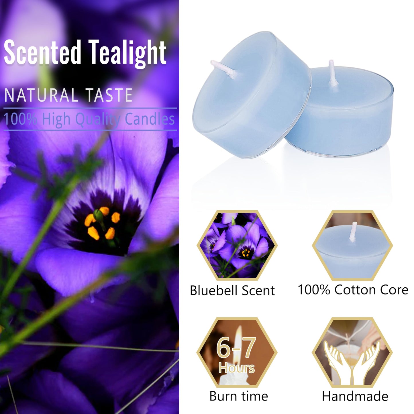 Blue Tea Candles Tea Lights Smokeless Bluebell Scent Tealight Candles Handmade Tealights Set of 24 Long Burning for Wedding Meditation Dinner Home Decor