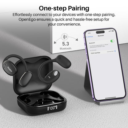 TOZO OpenEgo Open Ear Earbuds Bluetooth Headphones, 5.3 Bluetooth Sport Earbuds with Earhooks for 80Hrs Playtime,32 EQ Modes, Digital Display, Clear Calls, Comfortable Wear for Running, Work, Black