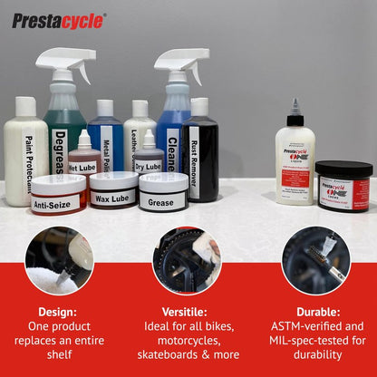 Prestacycle One Liquid - 4 Oz – All-in-One Bio-Based Bicycle Lube, Degreaser, Cleaner, Rust Remover & Protectant, Wet & Dry Chain Lubricant, USDA Certified, No Petroleum or Alcohol