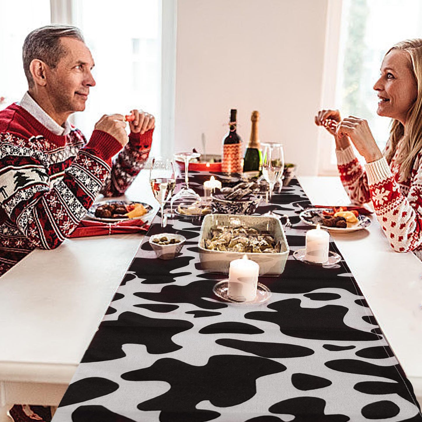 5 Pcs Linen Cow Print Table Runner Black and White Farm Cow Print Tablecloth Western Barnyard Cowboy Themed Table Cloths for Birthday Party Decorations Home Kitchen Supplies ( 13 x 72 in)