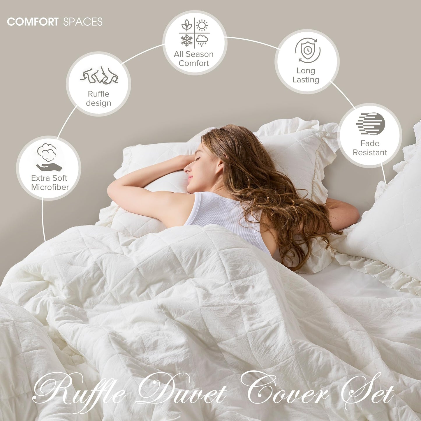 Comfort Spaces Ivory King Duvet Cover Set - 3 Pieces Ruffle Diamond Quilted Duvet Cover, All Season Lightweight, Cotton-Like Softness Pre-Washed Microfiber King Bedding Cover & Shams, King