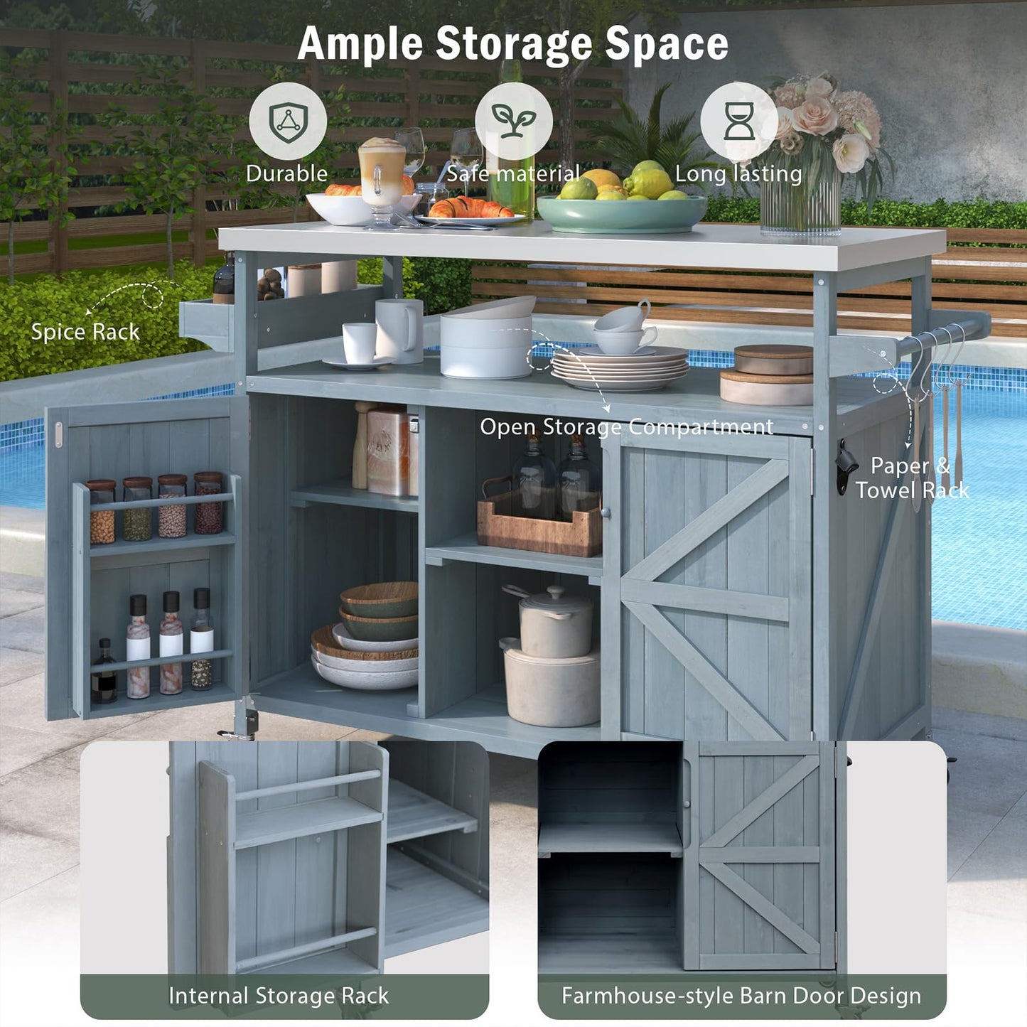 50.25" Outdoor Kitchen Island with Wheels for Food Prep, Strage, Bar, Rolling Outdoor Grill Table for Outside, Outside Cooking Table, Grill Carts, Cooking Station, Modular, Solid Wood, Grey Blue