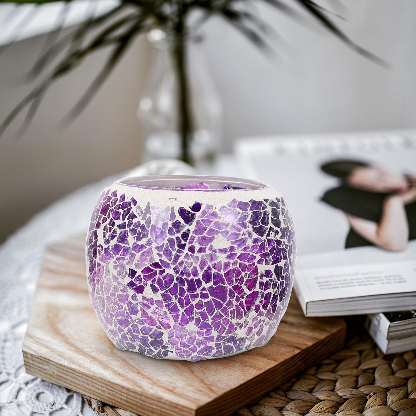 ELEOUTI European Mosaic Glass Candle Stand, Purple Table Candleholder for Romantic Dinner, Decorative Candlestick for Home and Dining Table Decor