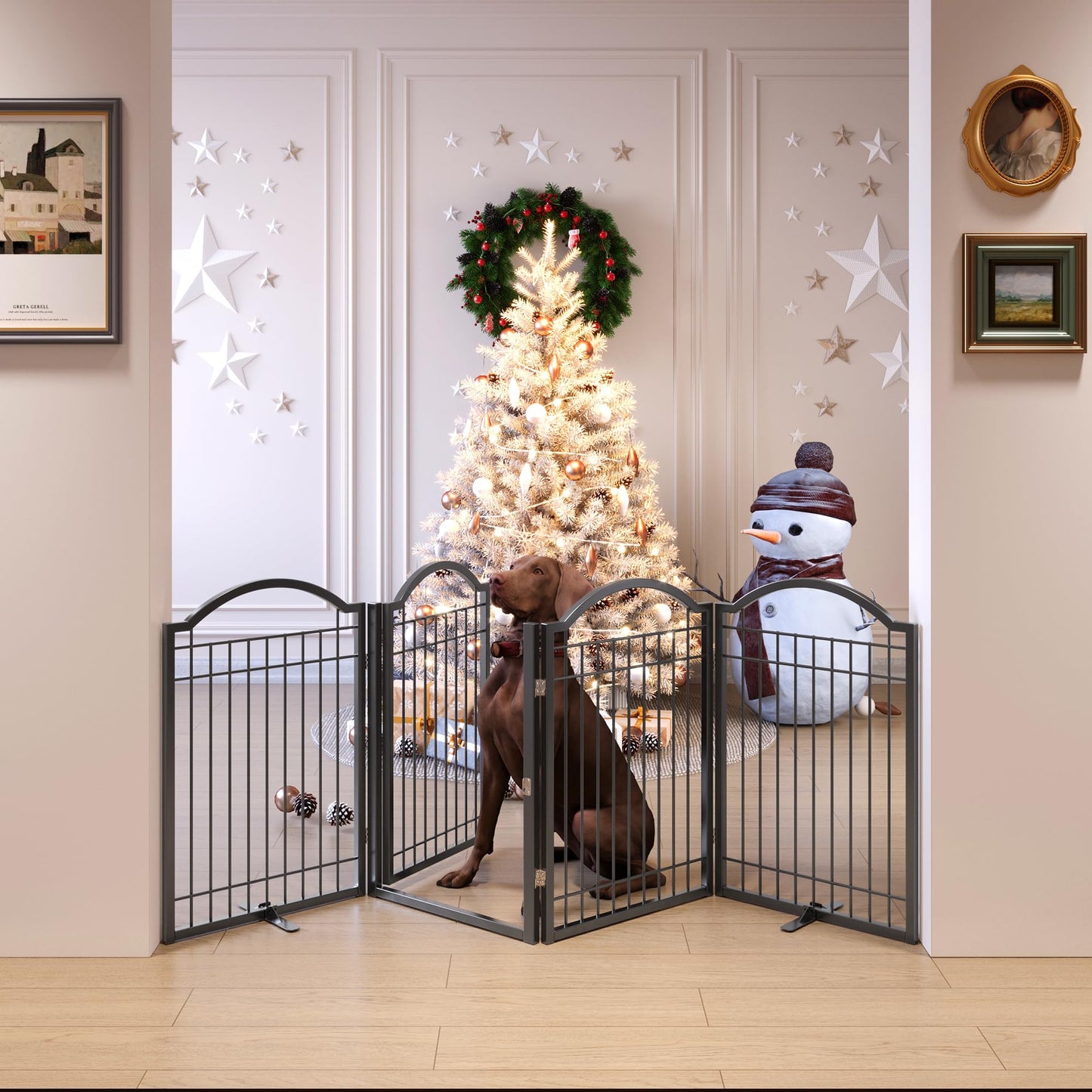 BHG Metal No-Assembly Freestanding Dog Gate with Door Walk Through, Extra Wide 96", Extra Tall 32" Pet Gate, Accordion Puppy Folding Playpen Dog Fence, with 2PCS Support (Black, 4 Panels)