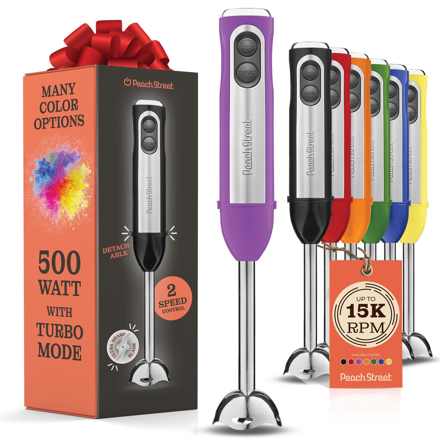 Powerful Immersion Blender, Electric Hand Blender 500 Watt with Turbo Mode, Detachable Base. Handheld Kitchen Gadget Blender Stick for Soup, Smoothie, Puree, Baby Food, 304 Stainless Steel Blades