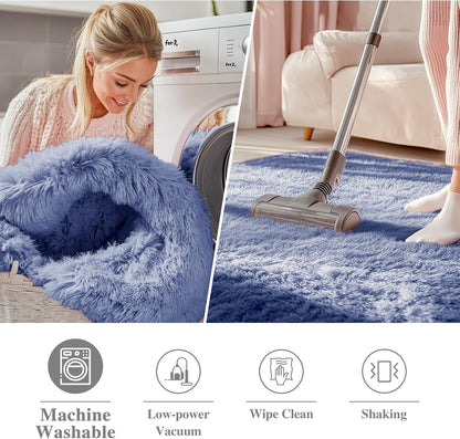 OLANLY Denim Blue Round Area Rug - Soft, Fluffy, Machine Washable 8 ft Circle Carpet for Bedroom & Living Room