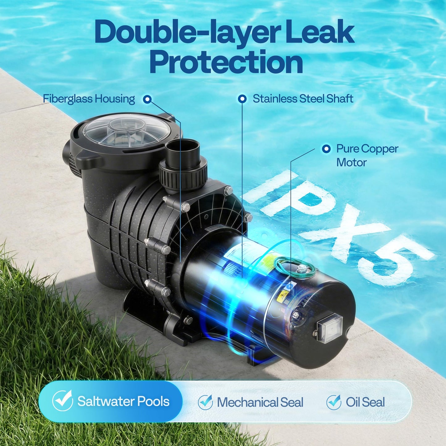 VIVOHOME 2.0HP 6500 GPH 115V Pool Pump, Self-Priming Energy Saving, 1.25" & 1.5" & 2" Inlet w/Strainer Basket for In/Above Ground Pools