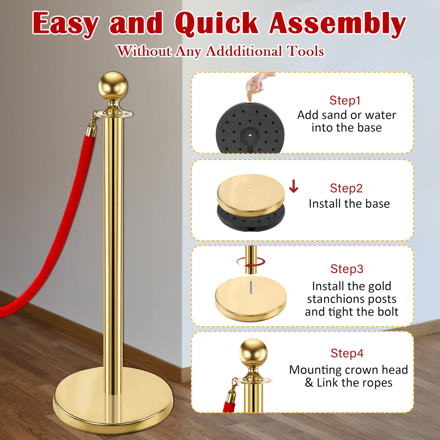 Goldshire 8 PCS Stanchions and Velvet Ropes Set, Stainless Steel Post with 4 Red Velvet Ropes, Crowd Control Barriers, Red Carpet Runner Poles for Party, Wedding, Queue
