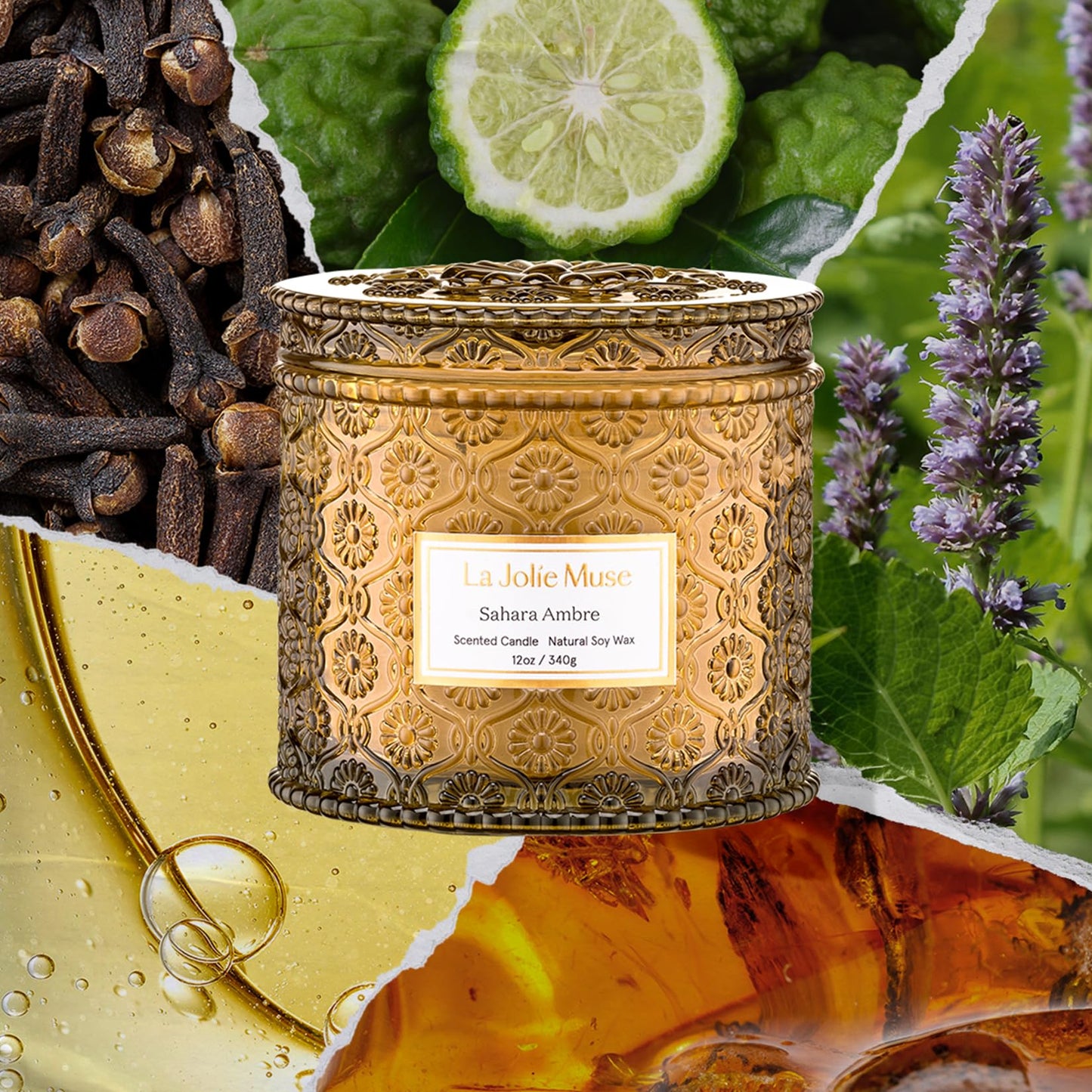 LA JOLIE MUSE Sahara Amber Scented Candles for Home | 2-Wick Non Toxic Natural Soy | Luxury Decorative Large Jar Candle | Gifts for Women & Men |Bergamot Musk | 12 oz