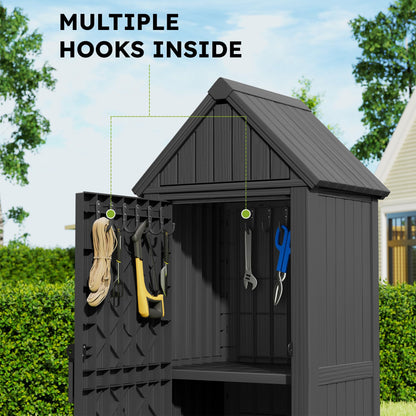 WTFGO Vertical Outdoor Storage Shed, Waterproof Resin Outdoor Storage Cabinet with Removable Shelves & 12 Hooks, Lockable Small Tool Shed for Garden, Backyard, Patio, Pool, Classic Black