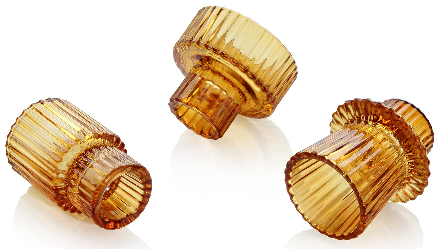 Vixdonos Taper Glass Candlestick Holders Tealight Candle Holders for Table Centerpieces, Wedding Decor and Dinner Party (3 Pcs, Amber)