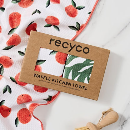 RECYCO Waffle Kitchen Towel Set of 2 - Quick Dry Microfiber Sustainable Dish Towels - Ultra Absorbent Reusable Cleaning Tea Towels - Lightweight Hand Towels,16”x 28”, Peachy Leaves