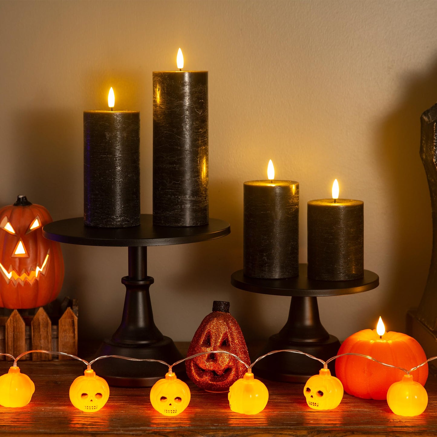 LUSHARBOR Halloween Flameless Candles, 4 Pack Battery Operated Halloween Candles with Remote, Wax LED Fake Pillar Candles Fireplace/Shelf Decor D3 H 5" 6" 7" 9" Black