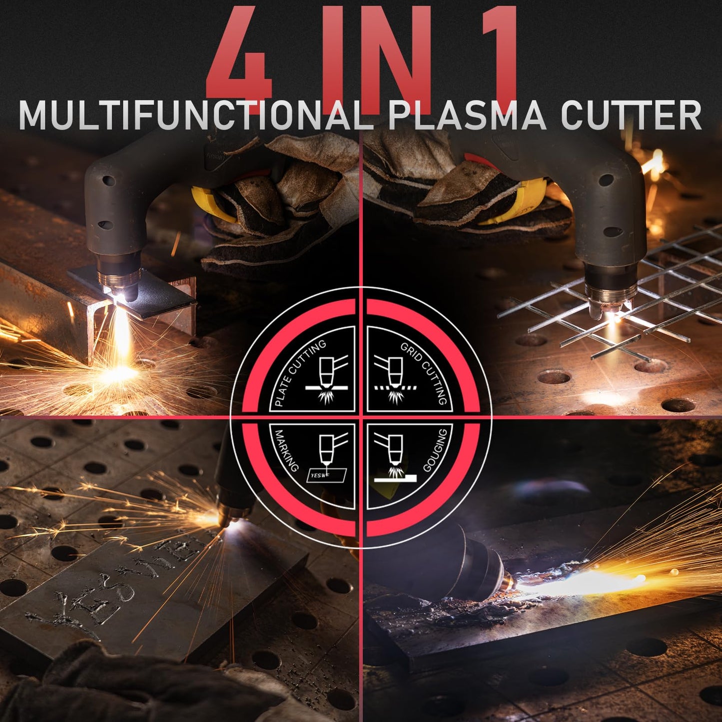 YESWELDER Multifunctional Plasma Cutter, 60Amp 110V/220V Non-High Frequency Non-Touch Pilot Arc 4-In-1 Plate Cutting/Grid Cutting/Gouging/Marking Plasma Cutting Machine