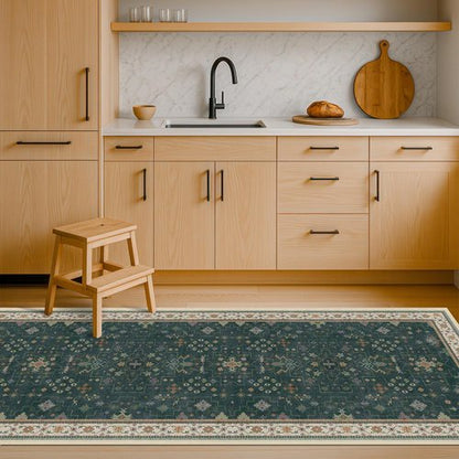 Hazo Haus Vintage 2x7 Washable Runner Rug - Non-Slip, Stain Resistant, Dark Green Floral Design for Kitchen & Hallway