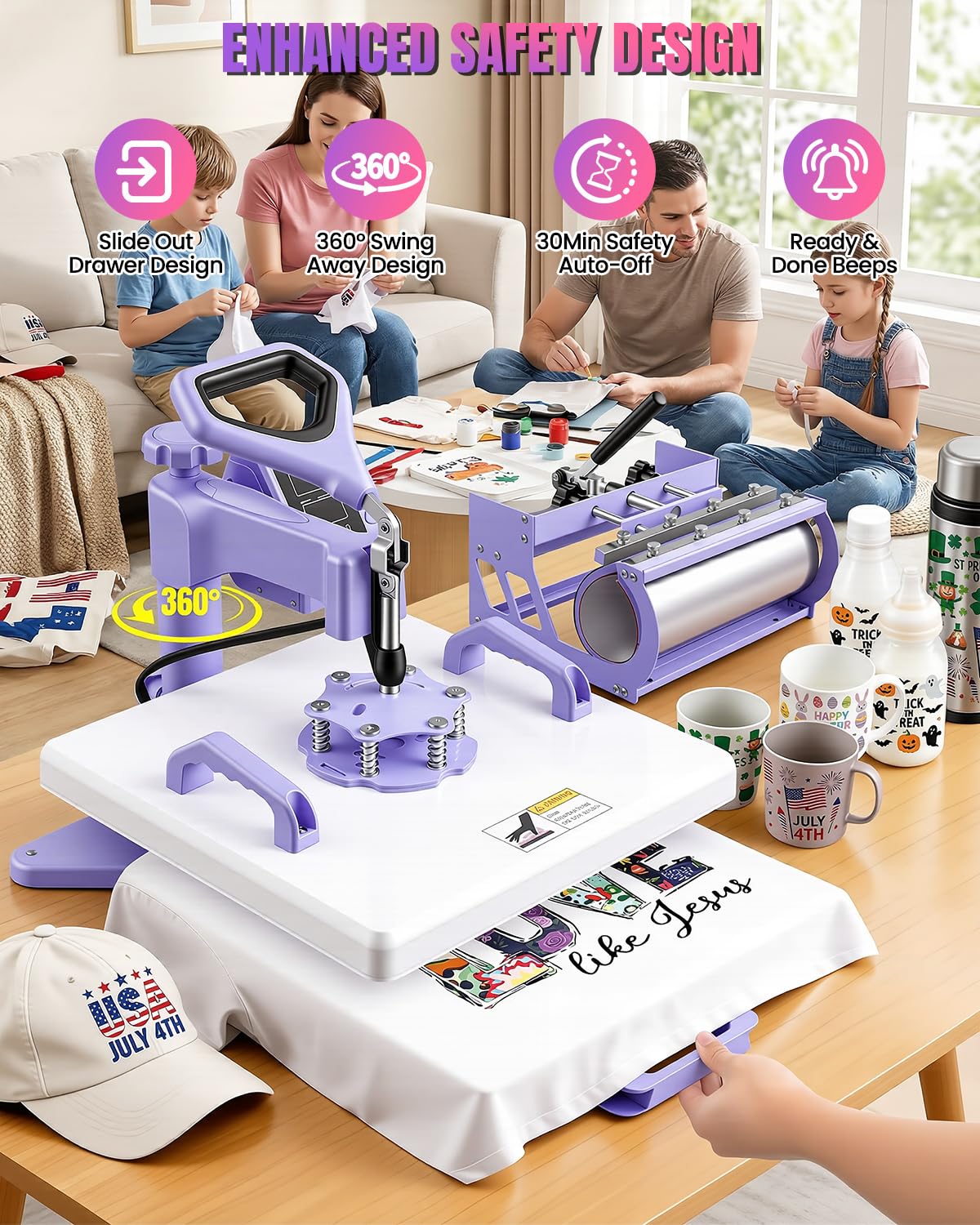 15x15 Heat Press Machine for T Shirts with 30oz Tumbler Press 5-in-1 Slide Out Easy Loading Heat Transfer with Dual-Tube Heating & 4-Zone PID Temp Controller for Quick & Even Heat on Hat Cap Mug Plate