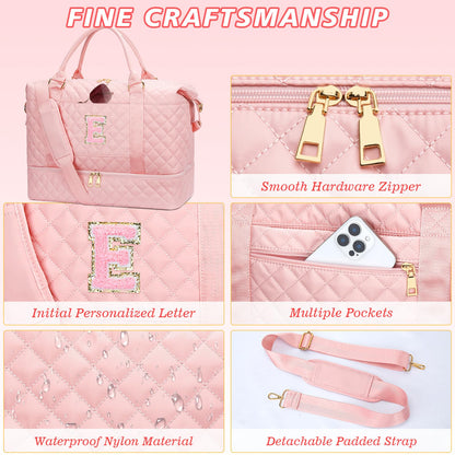 CLOUDWINGS Gifts for Women Girls Initial Travel Duffle Bag Quilted Weekender Carry-On Overnight with Cosmetic Bag, Gym Bag with Shoe Compartment Hospital Bag for Labor Delivery, Pink E