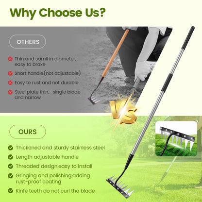 YALEENT Iron Weeding Rake with Long Handle - Upgraded 8 Teeth Weed Puller Tool, Heavy Duty Manual Weeder Remover Tool for Weeding, Cultivating & Soil Aeration