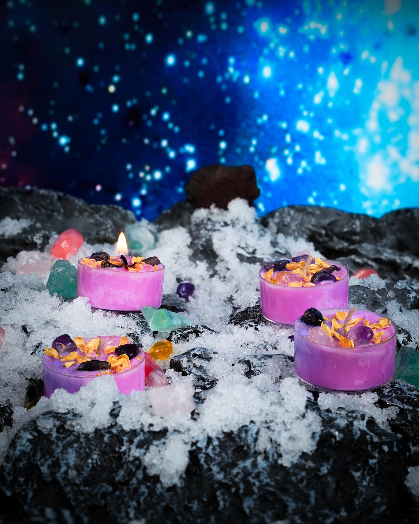 Tealight Soy Candles with Crystals and Herbs, Handmade Energy, Healing Crystal Soy Candles, Aromatherapy Candles. (Purple)