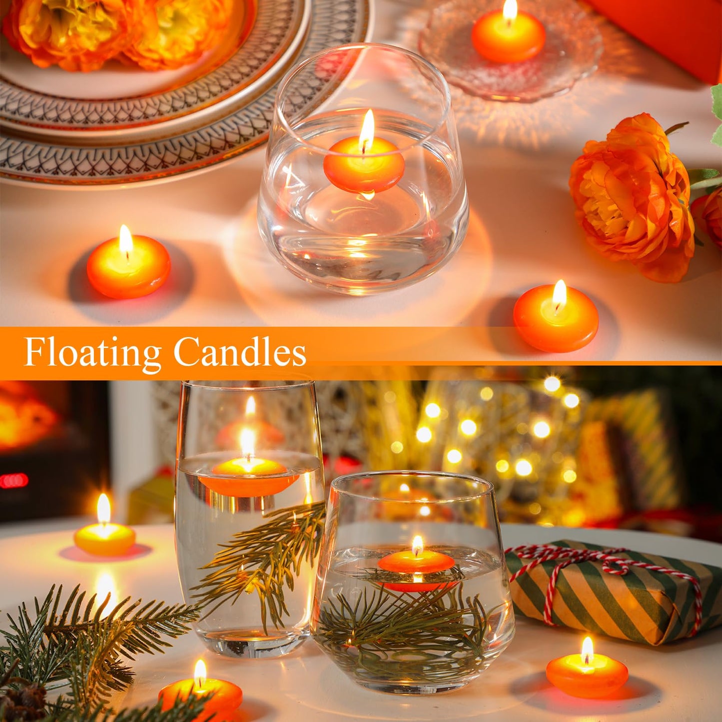 Nuanchu 30 Pcs Orange Floating Candles Centerpieces Bulk 1.5 Inch Small Unscented Votive Floating Candles Decoration for Wedding Party Anniversary Holiday Party Gifts Home Pool Decor
