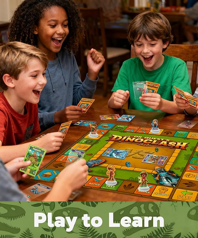 Dr. Quest Dino Clash Educational Math Board Game | Dinosaur-Themed Addition &amp Subtraction Game | Educational Family &amp Homeschool Math Game for Kids Ages 6–10