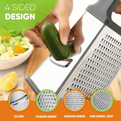 Spring Chef Professional Cheese Grater - Stainless Steel Box Grater for Kitchen, XL Size, 4 Sides - Perfect Shredder for Parmesan Cheese, Carrot, Potato, Ginger - Dishwasher Safe - Gray