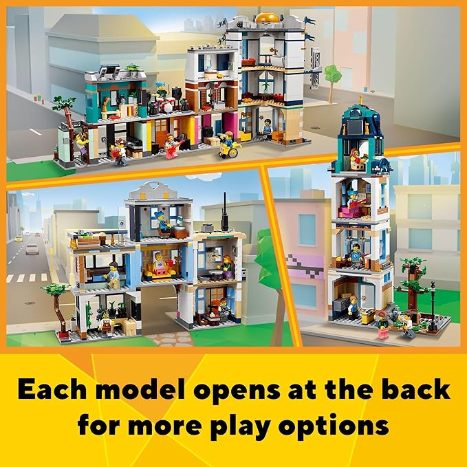 LEGO Creator 3 in 1 Main Street Building Toy Set Features a Toy City Art Deco Building Market Street Hotel Café Music Store and 6 Minifigures Endless Play Possibilities for Kids 31141