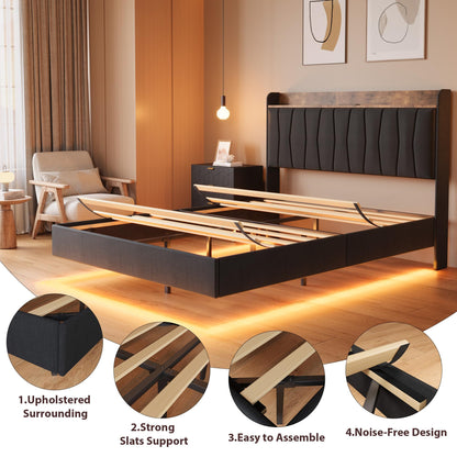 IDEALHOUSE King Floating Bed Frame with LED Lights & Charging Station, Upholstered Platform Bed with Storage Headboard, Wood Slats Support, No Box Spring Needed, Easy to Assemble, Black