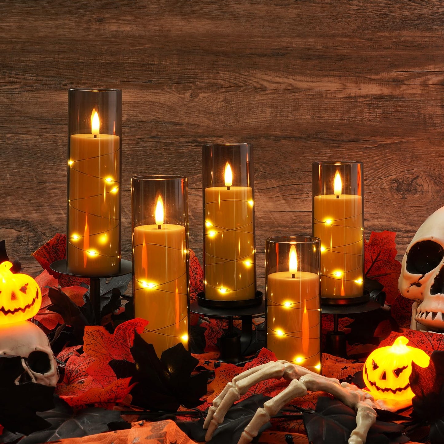 Homemory 12Pcs Flameless Candles with Star String Fairy Lights, Flickering Battery Operated Candles, LED Fake Candles with Remote and Timer, Halloween, Weddings, Home Decor, Grey