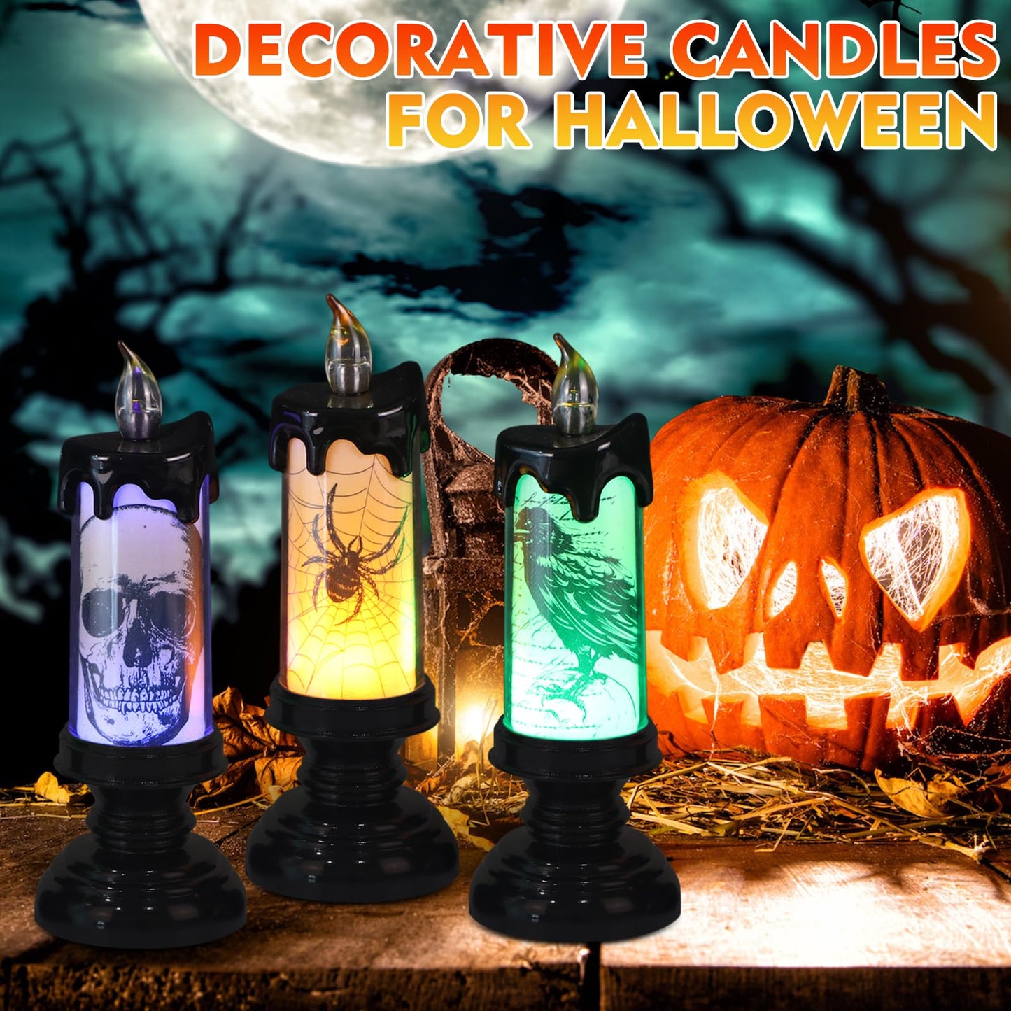 KunSwenn Halloween Flameless Candles Lighted Lamp, Black LED Battery Operated Candles with Remote Timer, Table Centerpiece for Halloween Celebration Parties(Skulls, Spiders, Crows)