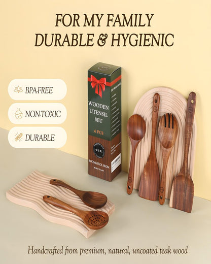 6-Piece Natural Teak Wood Utensil Set - Compact Nonstick Cooking Spoons & Spatulas, Durable Wooden Tools
