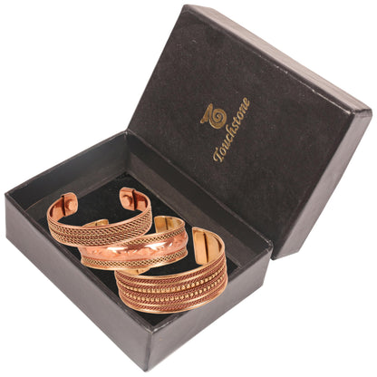 Touchstone copper bracelets | gift for men women |adjustable 100% pure solid real magnetic jewelry | handmade bracelet set combo | rope braided tibetan bangles. Set of 3 different designs