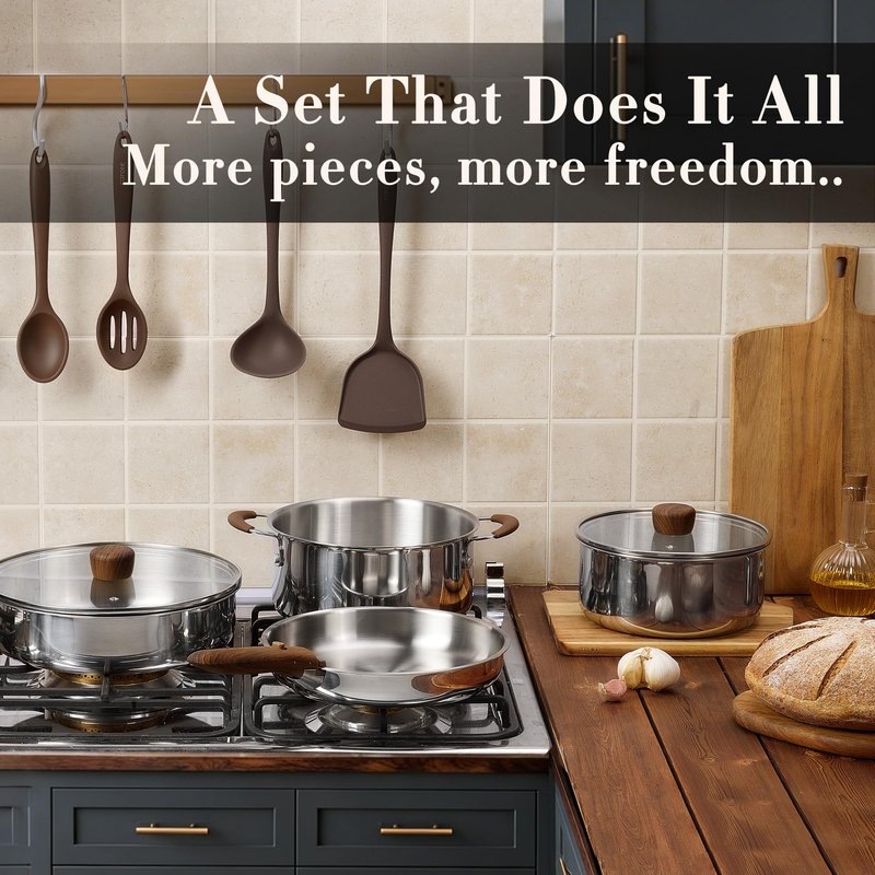 CAROTE 19pcs Stainless Steel Cookware Set with Detachable Handle, Pots and Pans Set, Induction Kitchen Cooking Sets, RV/Camping Cookware, Removable Handle, Oven Safe, Woodgrain, Mothers Day Gifts