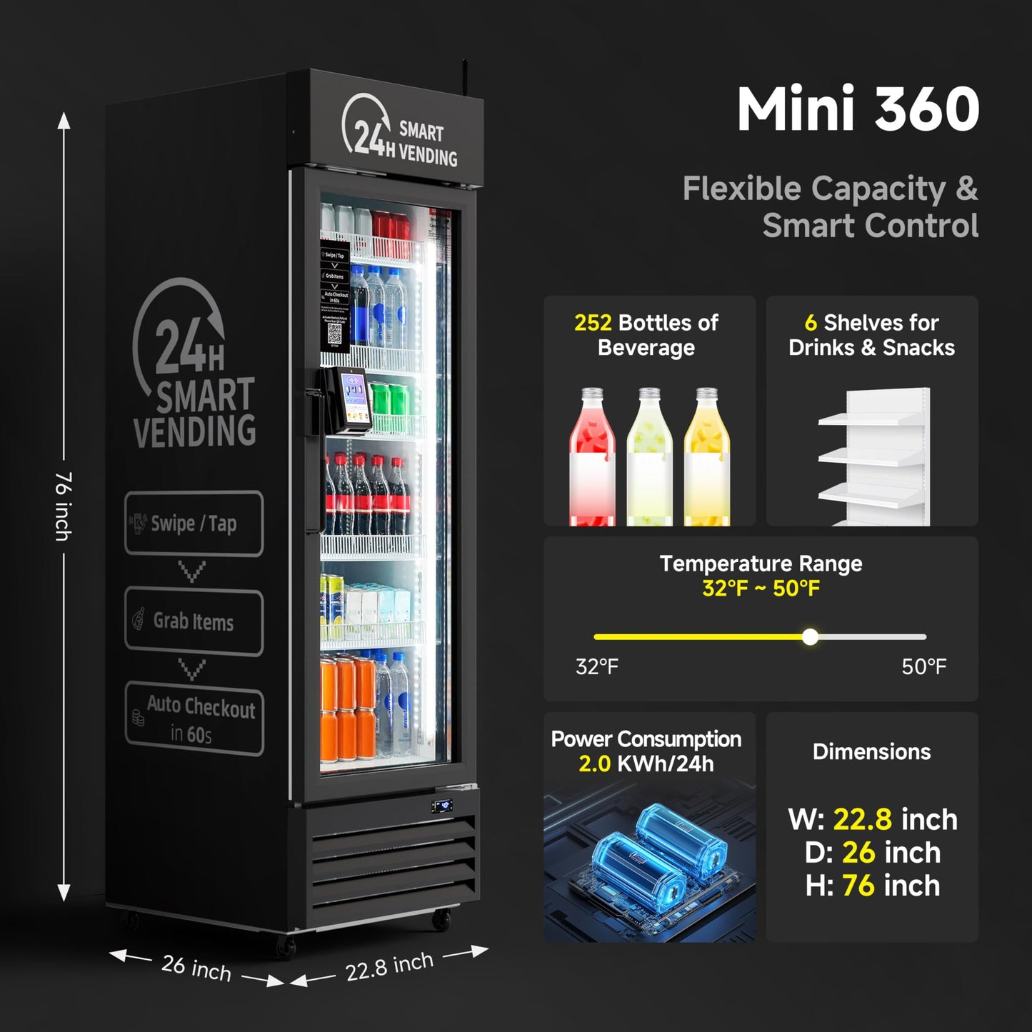 AI Vending Machine with Self-Checkout - DC360 Combo Refrigerated Vending for Fresh Food, Snacks & Cold Beverages - Real Time Inventory - Ideal for Office, School, Hospital, Gym (Black)
