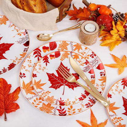 Liacere 150PCS Thanksgiving Plastic Plates- Include 30 Dinner Plates, 30 Dessert Plate,30 Forks, 30 Gold Spoons, 30 Gold Knives Perfect for Thanksgiving＆ Fall Plates