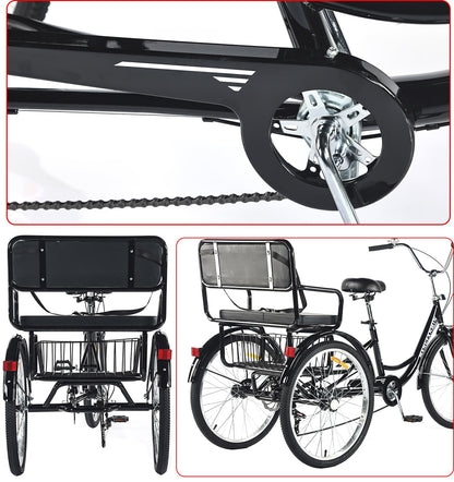 VHCLYBJU Adult Tricycle Foldable with Child seat 3 Wheel Bicycle for Ladies Tricycle with Basket with Back seat 20/24in Bikes Maximum Load 550lbs Shock Absorbing Fork Adult-Unisex (24in-7speed-black)